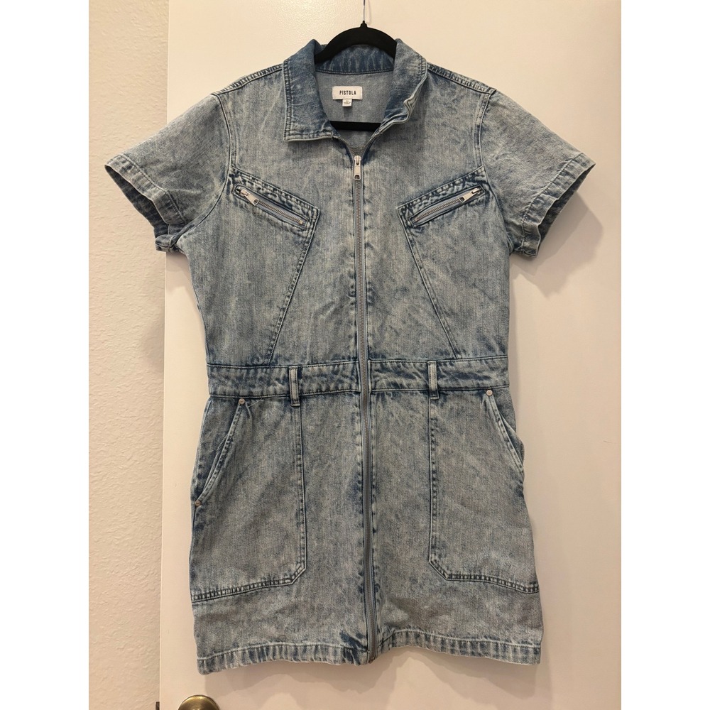 Pistola Brix Aviator Denim Mini Dress utility full zip collared 100% cotton